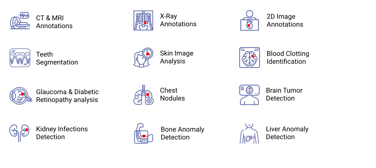 Medical image annotation types including CT and MRI, X-ray, teeth segmentation, skin image analysis, chest nodules and organ anomaly detection